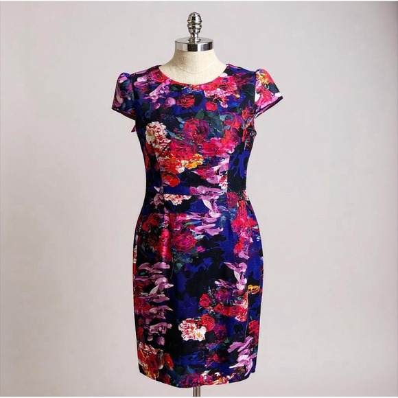 Betsey Johnson Floral Dress Size 12 Sheath Cap Sleeves Fitted Career Work - Picture 1 of 11